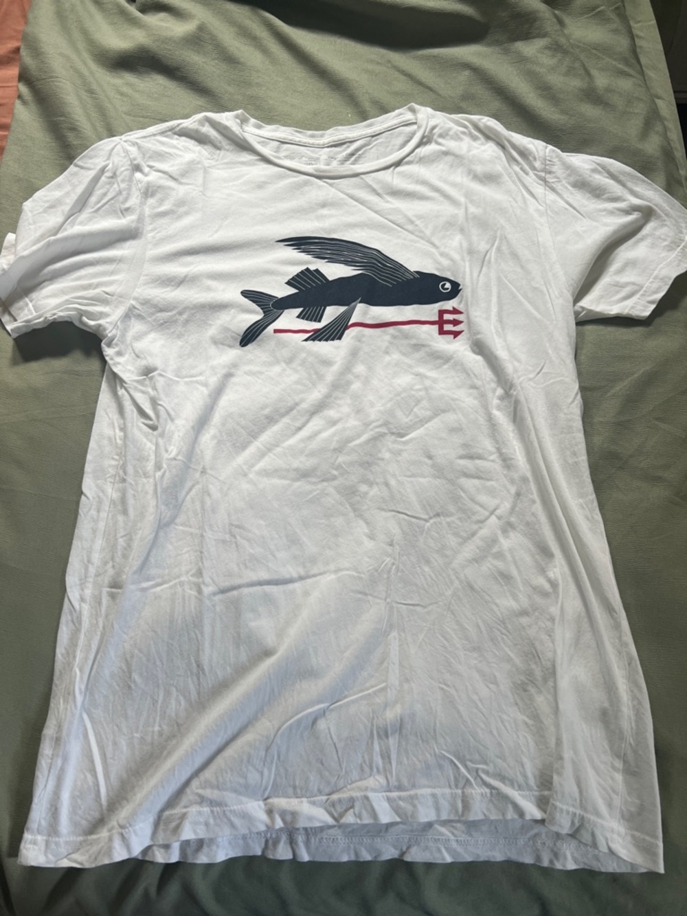 Patagonia White Swim Rash Guard with black Flying Fish and Red Accent